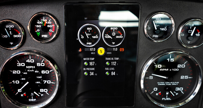 The Autocar Always Up smart display panel of the DC-64D dump truck.