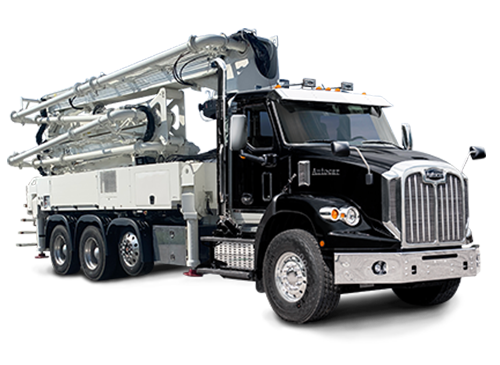 Autocar’s DC-64 severe duty concrete pump truck in black and silver.