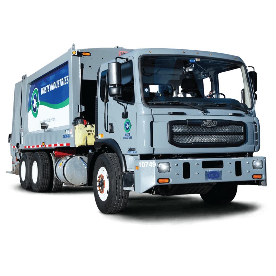 The Autocar ACMD truck fitted with a rear end loader body for waste disposal in a grey blue design. 